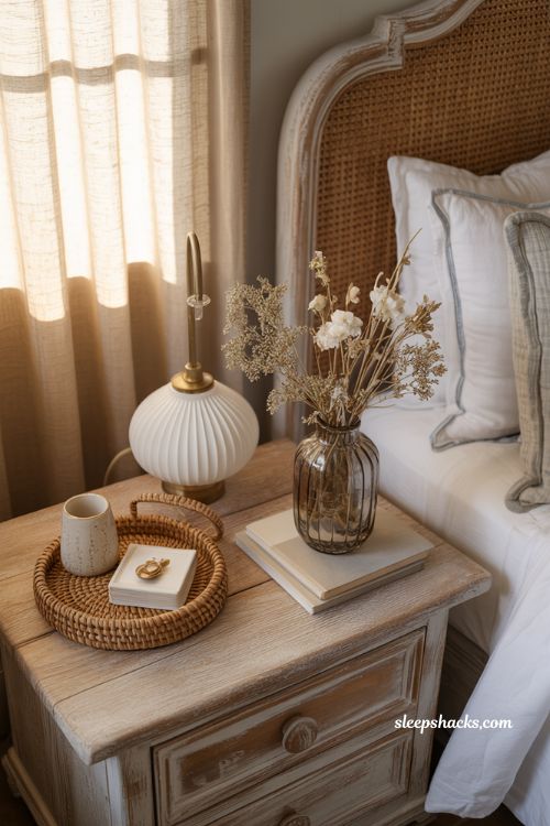 Coastal grandma nightstand styled like a soft coastal still life with ceramic lamp and natural textures