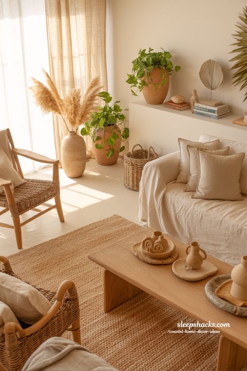 Coastal home decor ideas with ceramic planters and dried pampas grass in a bright natural beach inspired interior 