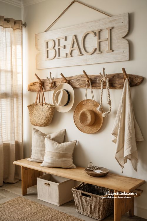 Coastal home decor ideas with custom beach signs and driftwood wall hooks in a welcoming beach house entryway
