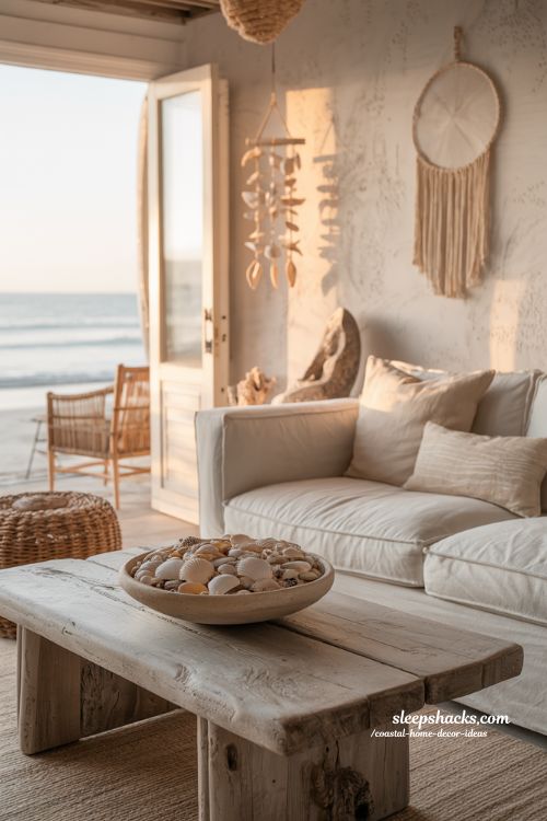 Coastal home decor ideas with handcrafted shell decor and driftwood styling in a calm beach inspired living room 