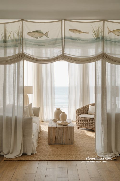 Coastal home decor ideas with linen curtains and watercolor valance styling a bright beach inspired living room 