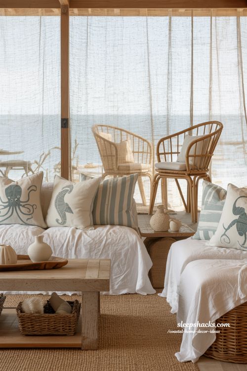 Coastal home decor ideas with linen sofa covers and rattan accent chair in a soft beach inspired living room
