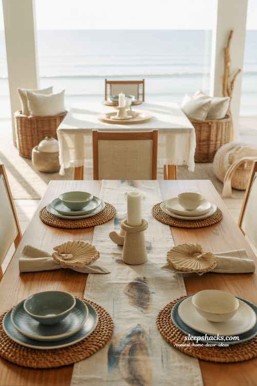 Coastal home decor ideas with linen table settings and coastal dinnerware for a relaxed beach style dining table 