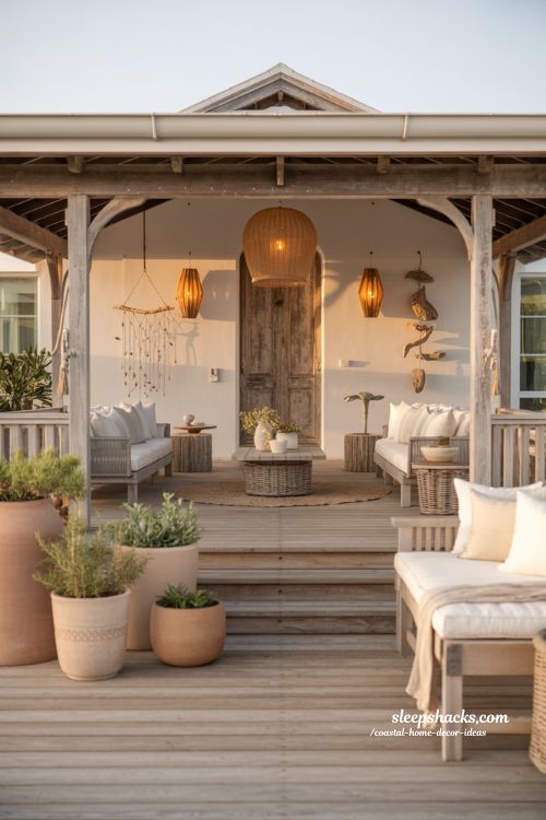 Coastal home decor ideas with nautical outdoor lanterns and rattan planters for a beach inspired patio and porch
