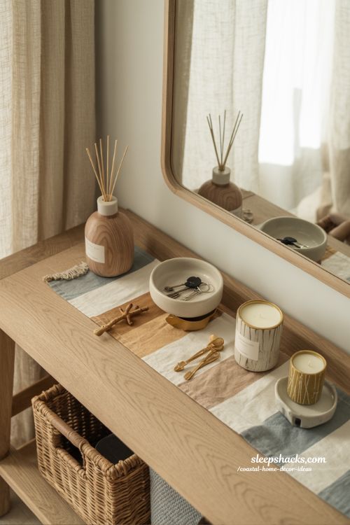 Coastal home decor ideas with ocean scented candles and reed diffusers in a calm beach inspired entryway styling
