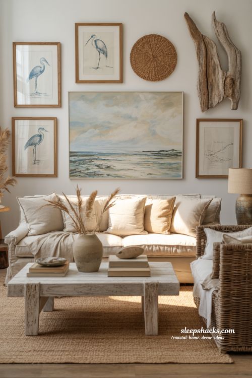 Coastal home decor ideas with ocean wall art and driftwood accents in a relaxed beach style living room 