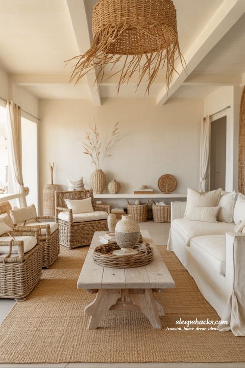 Coastal home decor ideas with rattan furniture and woven natural textures in a bright beach style living room 