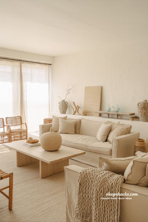 Coastal home decor ideas with sandy neutral colors and warm beach inspired living room styling 