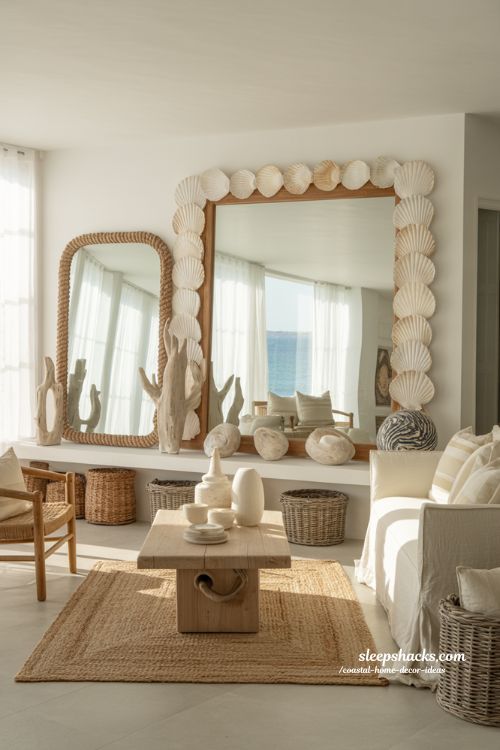 Coastal home decor ideas with shell mirror and driftwood accents in a bright airy beach style interior 