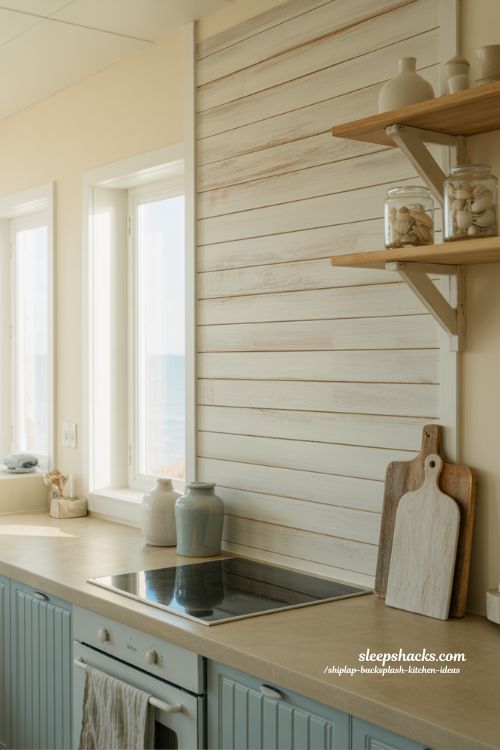Coastal inspired shiplap backsplash kitchen ideas with soft blue tones and calm airy beach house style