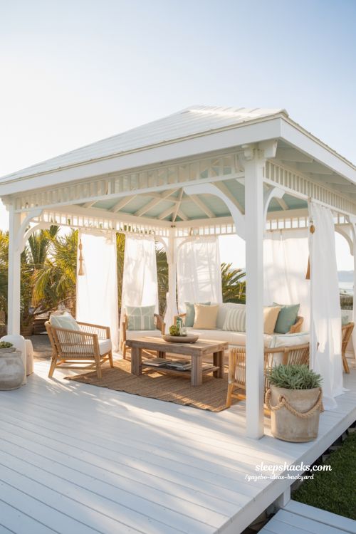 Coastal style gazebo ideas with clean white lines and breezy outdoor design