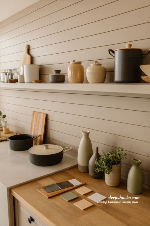 Color choices that shape mood in shiplap backsplash kitchen design with warm modern farmhouse tones