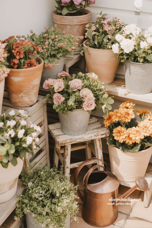 Colorful flower pot ideas for small garden spaces with natural layered arrangement