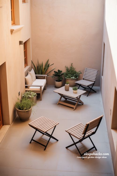 Compact courtyard garden with multi use flexible seating and adaptable layout