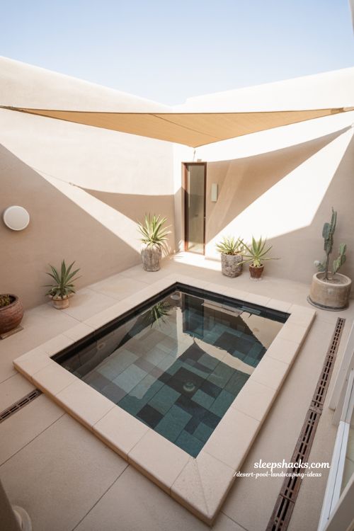 Compact desert plunge pool courtyard design small backyard oasis with succulents and shade sail modern minimal retreat
