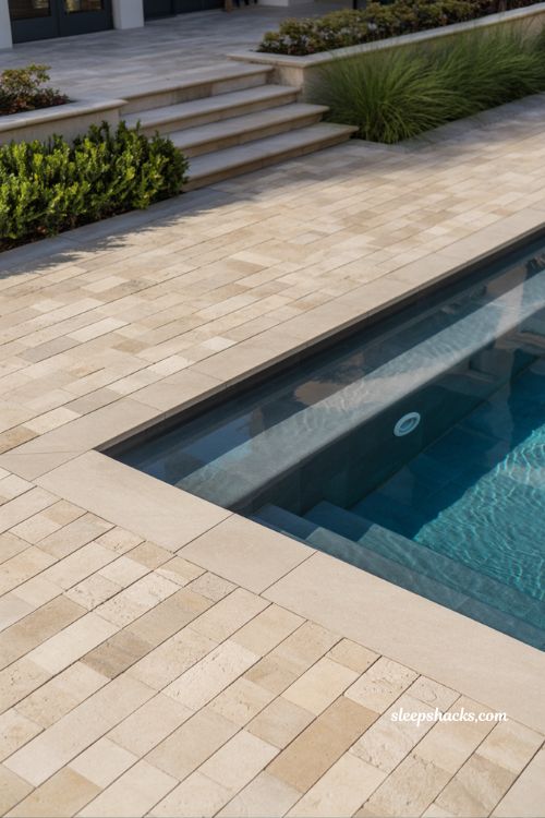 Shot type — wide-angle cinematic backyard shot from the main seating terrace, capturing a fiberglass pool with dynamic water features, framed to emphasize movement across the entire water surface and surrounding hardscape Room description — a modern outdoor living space centered around a fiberglass pool where decorative deck jets arc gracefully from the surrounding stone deck into the water while a sculptural waterfall feature flows at one end, creating a layered sensory environment that blends visual motion, sound, and reflective water surfaces into a cohesive resort-inspired backyard design Style and era — contemporary luxury resort-style landscape design with subtle tropical-modern influences, reflecting 2020s backyard architecture focused on experiential water features, ambiance, and elevated outdoor leisure aesthetics Color palette — deep sapphire-blue pool water with shifting turquoise reflections, warm beige travertine decking, soft charcoal coping accents, and natural stone tones around the waterfall feature with hints of mossy green softened by surrounding landscaping Key props and details — fiberglass rectangular or gently softened-edge pool with multiple evenly spaced deck jets emerging from the paver deck, creating smooth arching streams of water landing precisely into the pool surface, sculpted natural stone waterfall feature integrated into one end of the pool with layered rock or stacked tile design producing a steady flowing sheet of water, subtle underwater LED lighting illuminating the jets and waterfall from below for nighttime ambiance, clean stone coping framing the pool edge, minimal modern lounge seating positioned to face the water features, carefully controlled landscaping with low hedges and ornamental grasses that enhance visibility without clutter, water movement creating ripples that spread across the surface and reflect surrounding architecture Lighting — golden hour transitioning into early evening, with warm sunlight catching the arcs of the deck jets mid-air, creating shimmering highlights, while soft integrated pool lighting begins to glow from beneath the water and waterfall, producing layered reflections and a calm resort-at-nightcoming atmosphere Mood and atmosphere — soft flowing color transitions that emphasize motion and tranquility, natural stone textures that ground the composition with organic warmth, and simple expressive water features that create a lasting sense of relaxation, luxury, and immersive outdoor living experience Compact fiberglass spool spa-pool combo in small urban backyard courtyard with modern minimalist spa design and integrated jets and heated water (1)