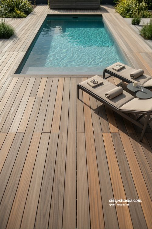Composite pool deck for low maintenance living with modern backyard design and clean wood look finish 