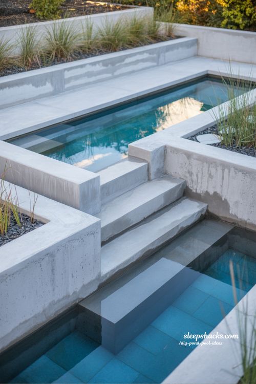 Concrete pond pool long term durable backyard swim pond modern architectural design with natural garden integration