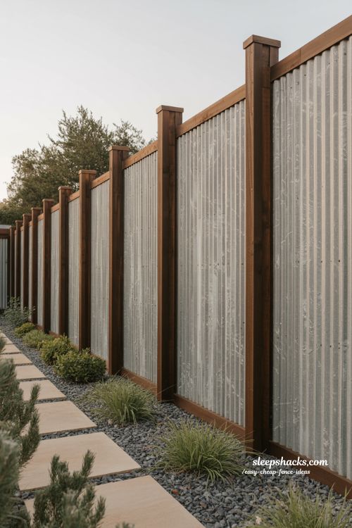 Corrugated metal fence ideas for modern farmhouse backyard with wood posts and industrial privacy design