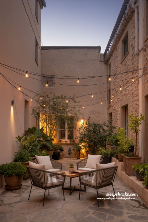 Cozy courtyard garden lighting with warm glow and evening ambiance