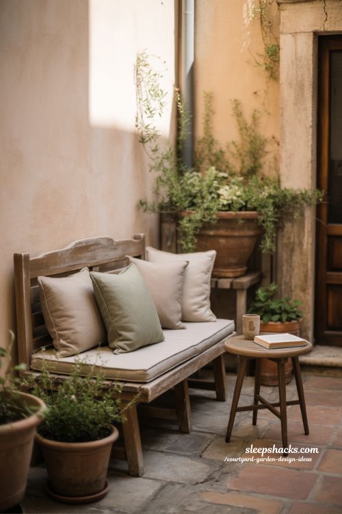 Cozy courtyard seating corner with simple bench and soft cushions