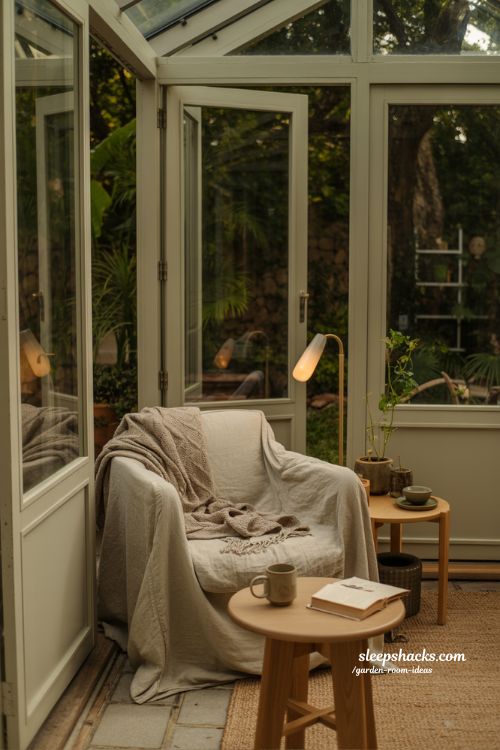 Cozy garden reading corner peaceful minimal retreat with warm light and calming natural textures