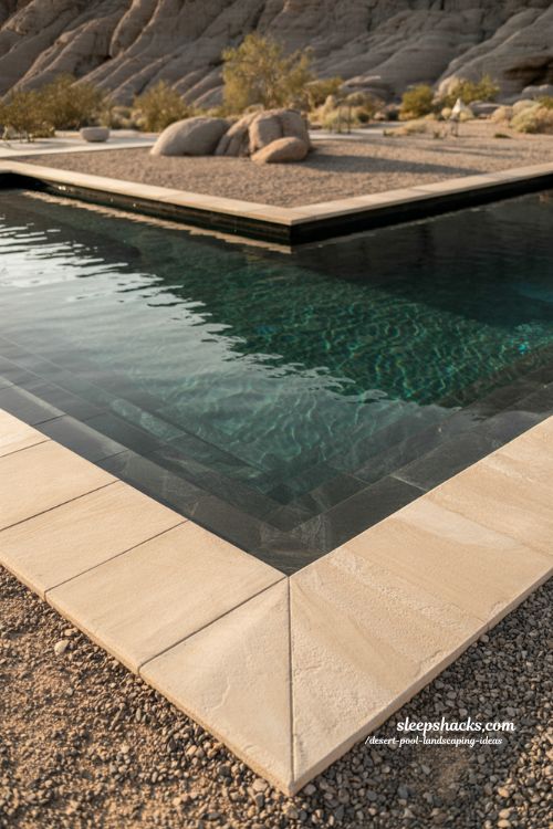 Dark bottom desert pool with charcoal pebble finish natural lagoon effect backyard design ideas