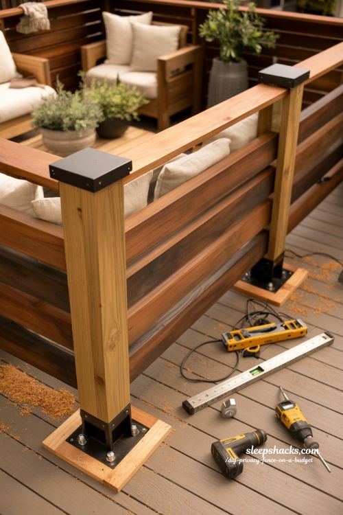 Deck mounted cedar privacy fence with adjustable post base ideas 