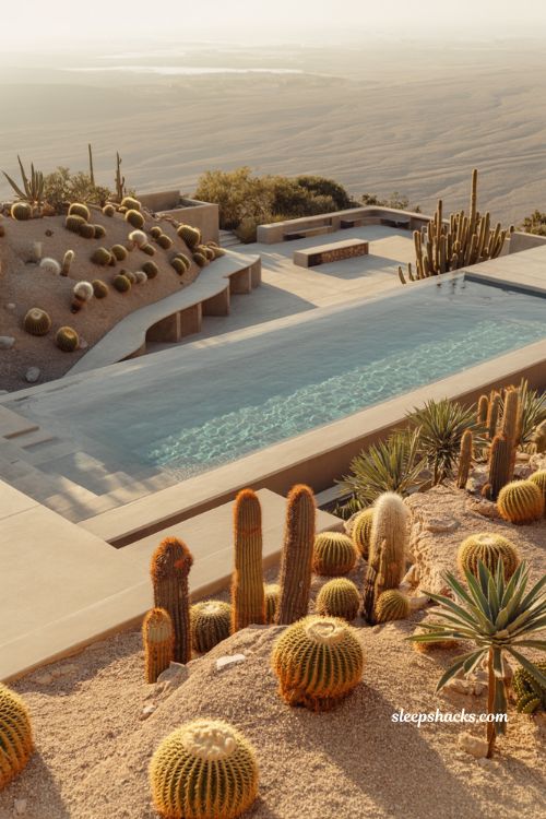 Desert oasis infinity pool with xeriscaping cactus garden and modern desert landscape architecture with fire pit and mountain horizon view