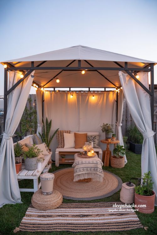 Diy backyard gazebo ideas on a budget with string lights and curtains