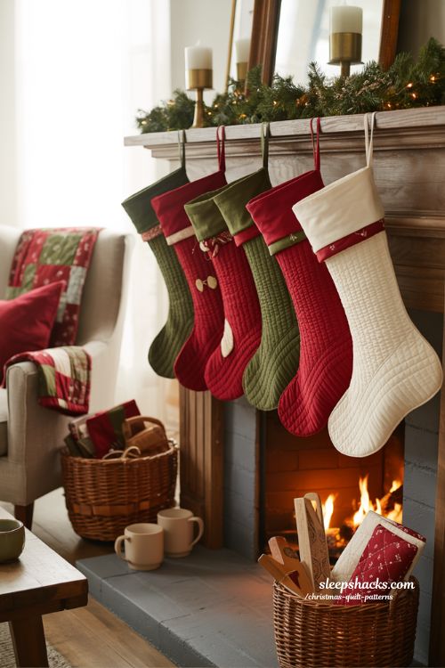 Easy quilted Christmas stockings on rustic mantel with handmade holiday decor 