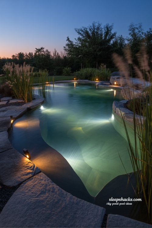Ecosystem pond with underwater led lighting backyard night swim pond glowing natural water garden design
