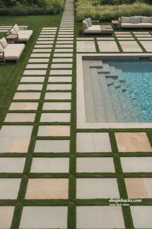 Entangled paver and turf pool deck mosaic design with modern biophilic backyard landscaping 