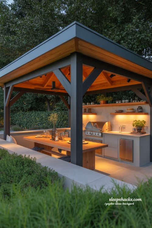 Entertaining gazebo ideas with outdoor kitchen and dining space design