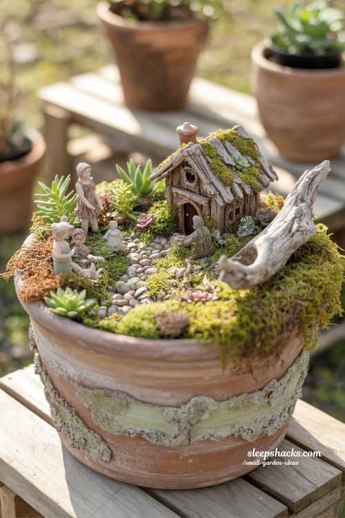 Fairy garden ideas in small pots with miniature houses and playful details