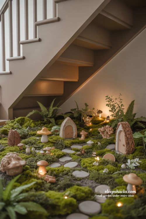 Fairy style fantasy garden under stairs with moss soft lights and magical miniature decor 