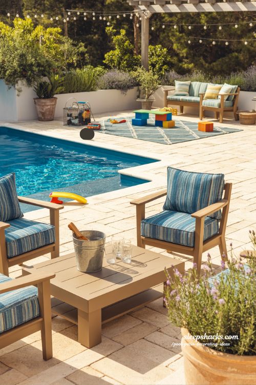 Family friendly pool patio decor ideas showing durable furniture and colorful kid zones