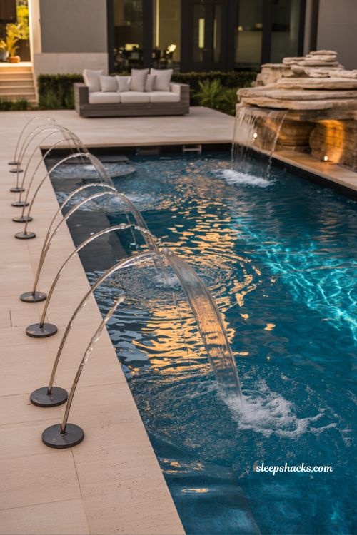 Fiberglass pool with deck jets and waterfall feature modern luxury backyard design with illuminated water arcs and resort style outdoor ambiance