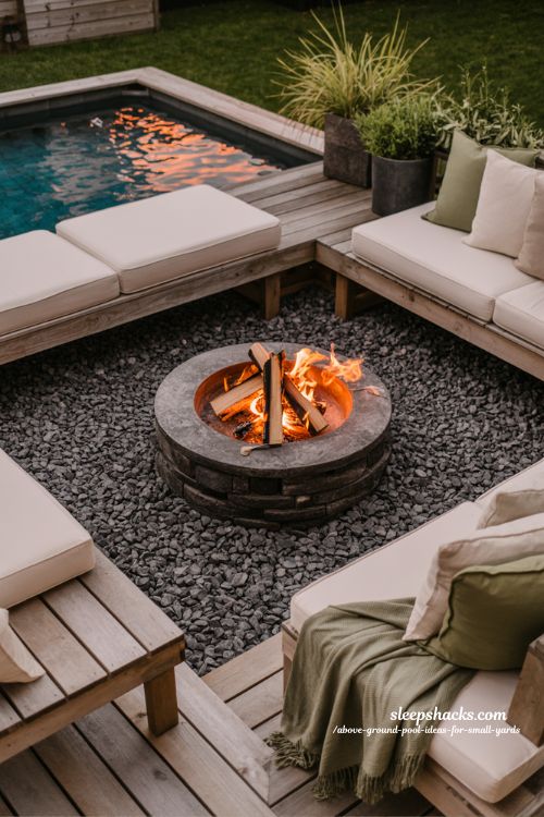 Fire pit corner ideas for above ground pools in cozy small backyard spaces 
