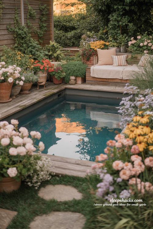 Flower border ideas around above ground pools for cozy colorful backyard design 