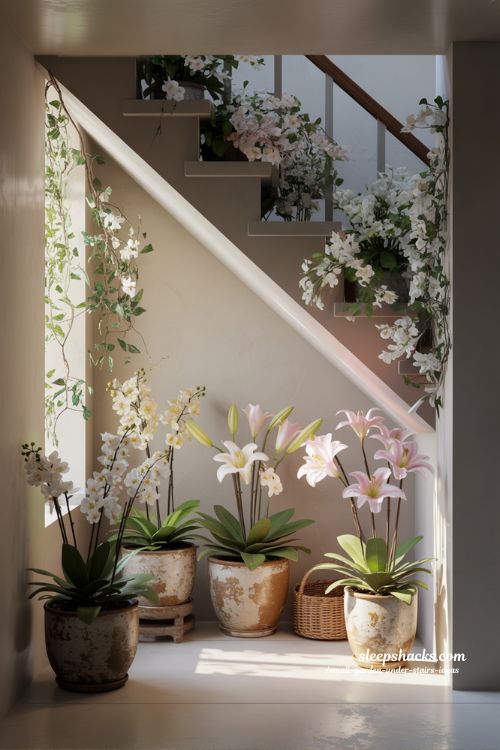 Flower filled under stairs garden with jasmine orchids and soft romantic decor 