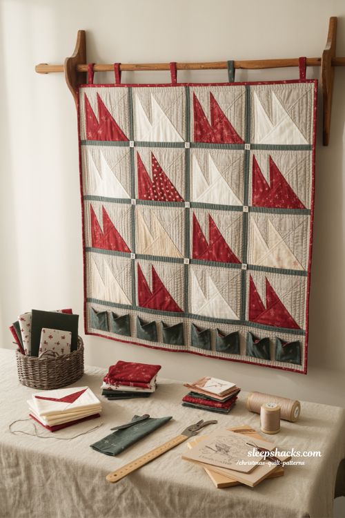 Flying geese advent calendar quilt with numbered pockets and festive Christmas sewing design 