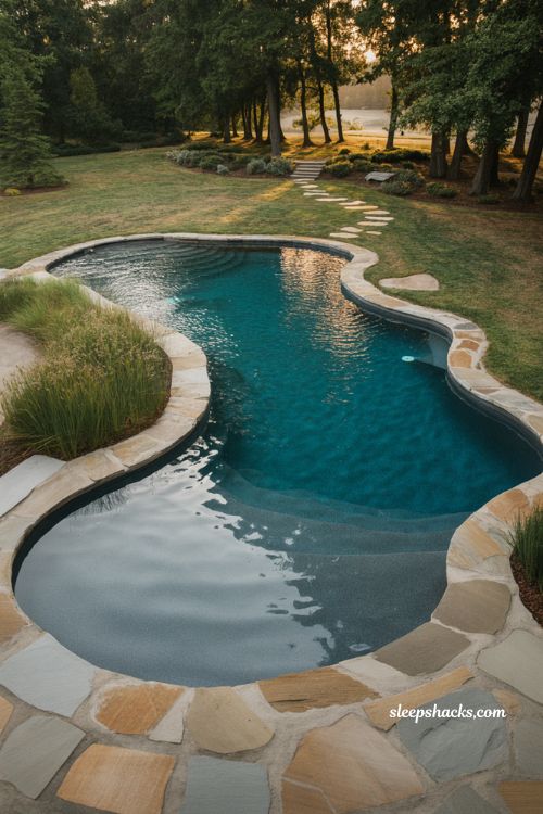 Freeform fiberglass pool with natural lagoon design, organic backyard landscaping and dark blue water surrounded by stone and greenery