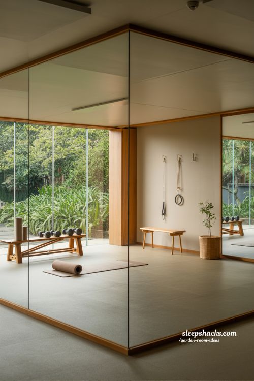 Garden fitness room ideas minimalist home gym space with natural light and calm movement focused wellness design