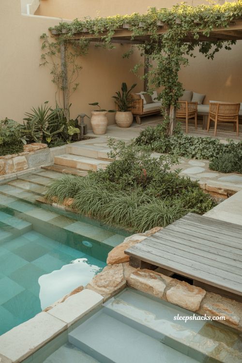 Garden pool surrounded by lush landscaping with natural stone and timber resort style backyard design