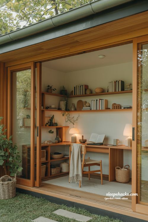 Garden room ideas cozy modern backyard studio office retreat with natural calming Japandi design