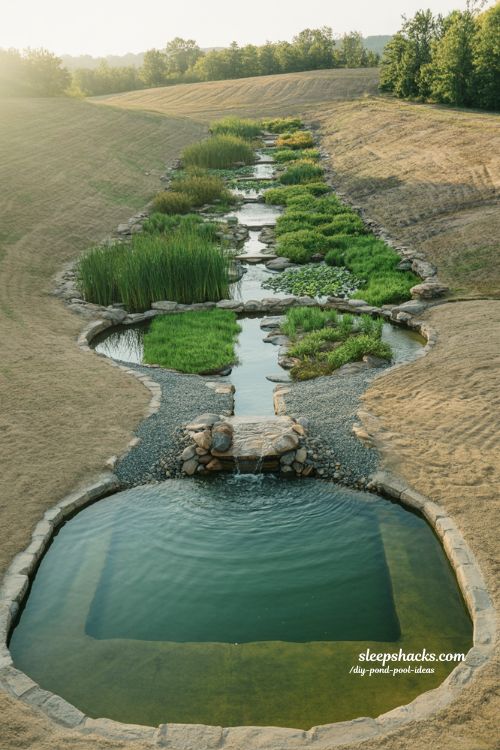 Gravity fed swim pond off grid natural backyard pond system with slope filtration and gravity water flow eco design