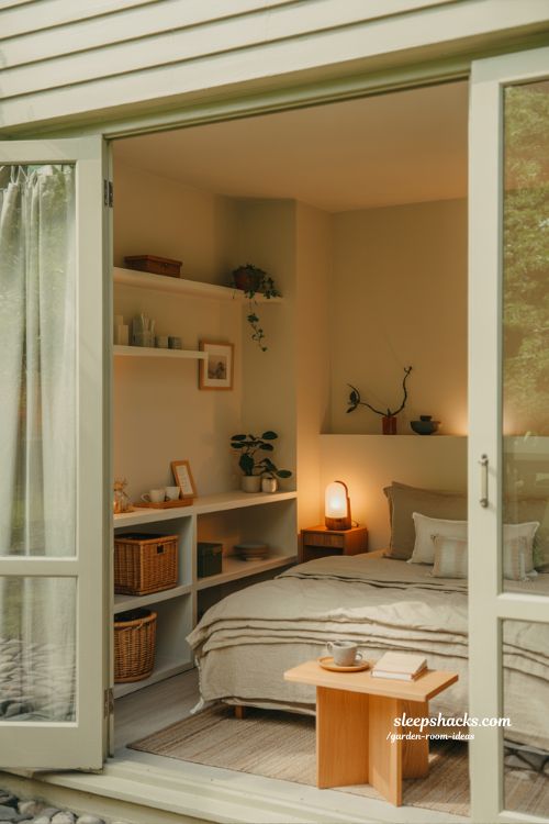 Guest garden room ideas cozy private retreat space with warm minimalist guest bedroom design and tea corner