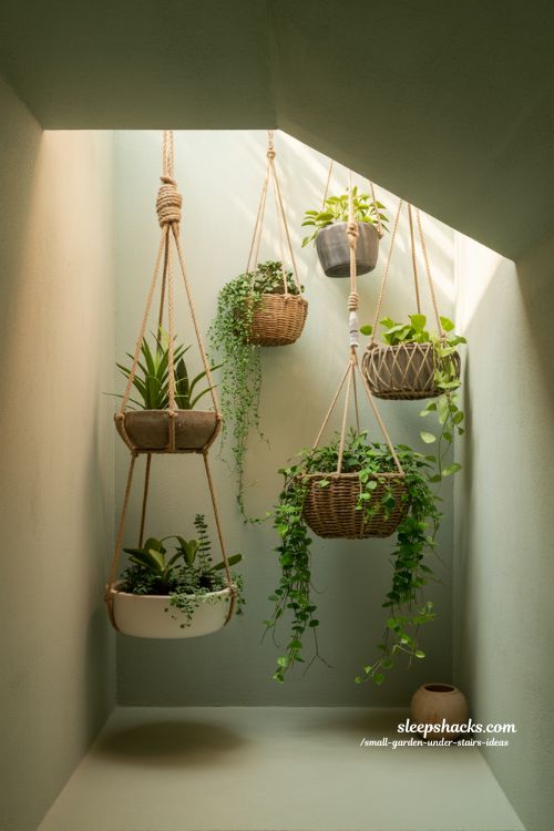 Hanging plant arrangement under stairs with soft floating indoor garden layers 