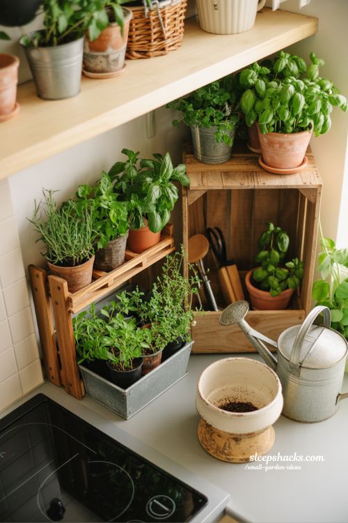 Herb garden corner ideas for small kitchens with basil mint and coriander pots